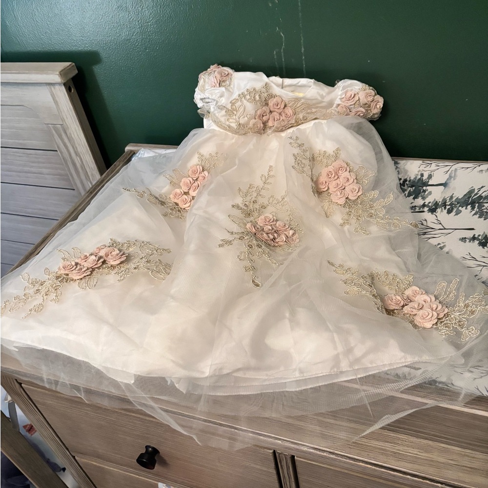 Cream Embellished Ruffled Christening Gown with Bonnet